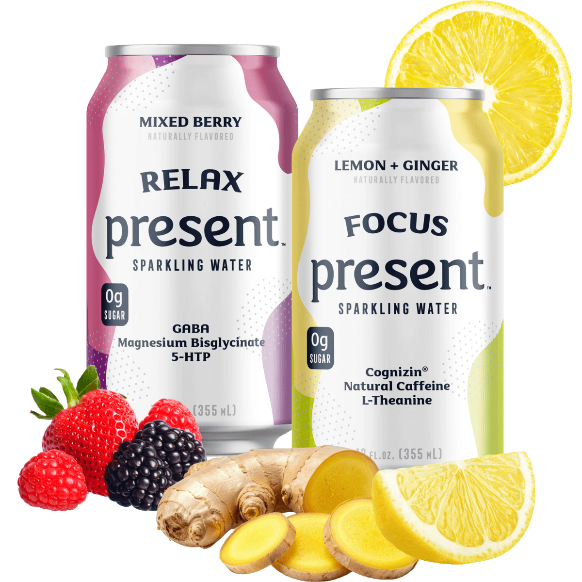Present sparkling water cans with fruit for visual interest